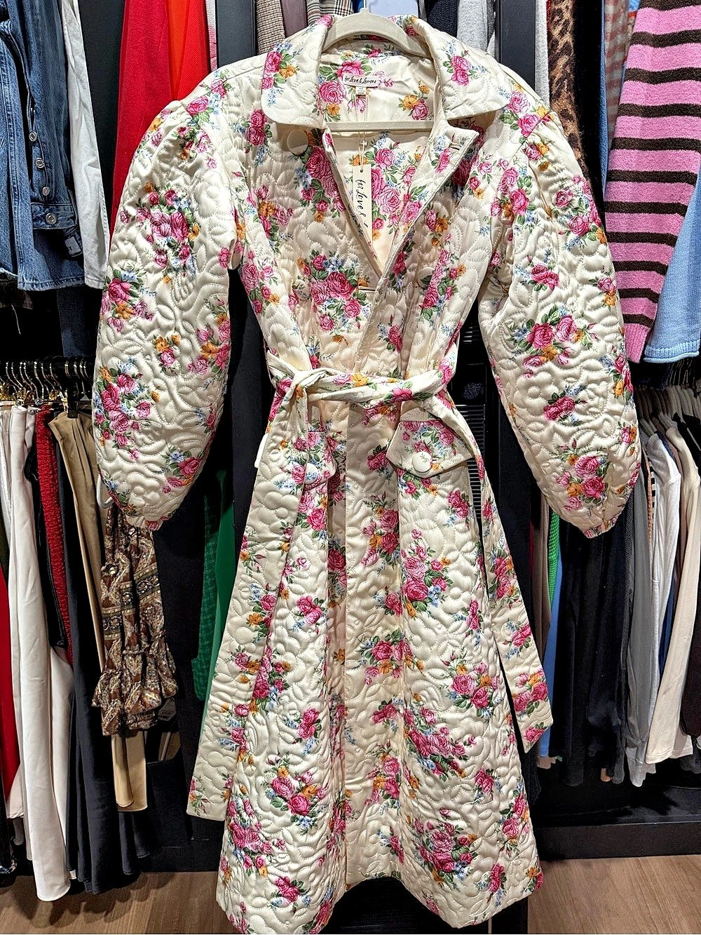 For Love & Lemons Amandine Belted Coat Floral Quilted Cream & Pink XS